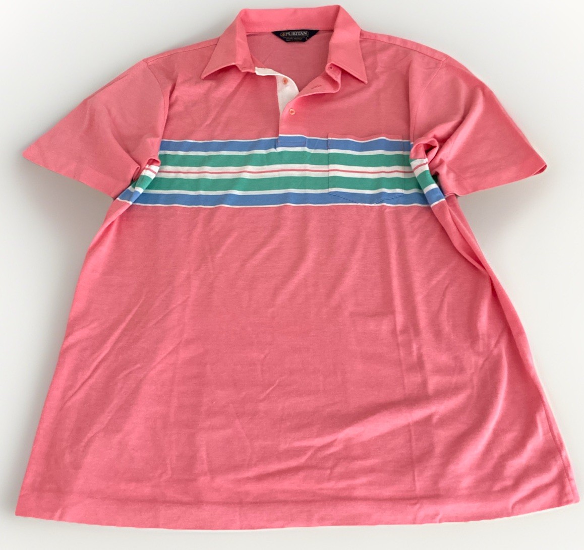 LOOK! VTG Puritan Polo Shirt Men’s 3 Button Placket Pink Green Blue Large