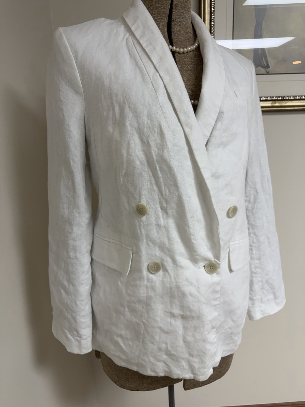 Banana Republic Blazer Size 8 Double Breasted White Linen Long Line Jacket BR