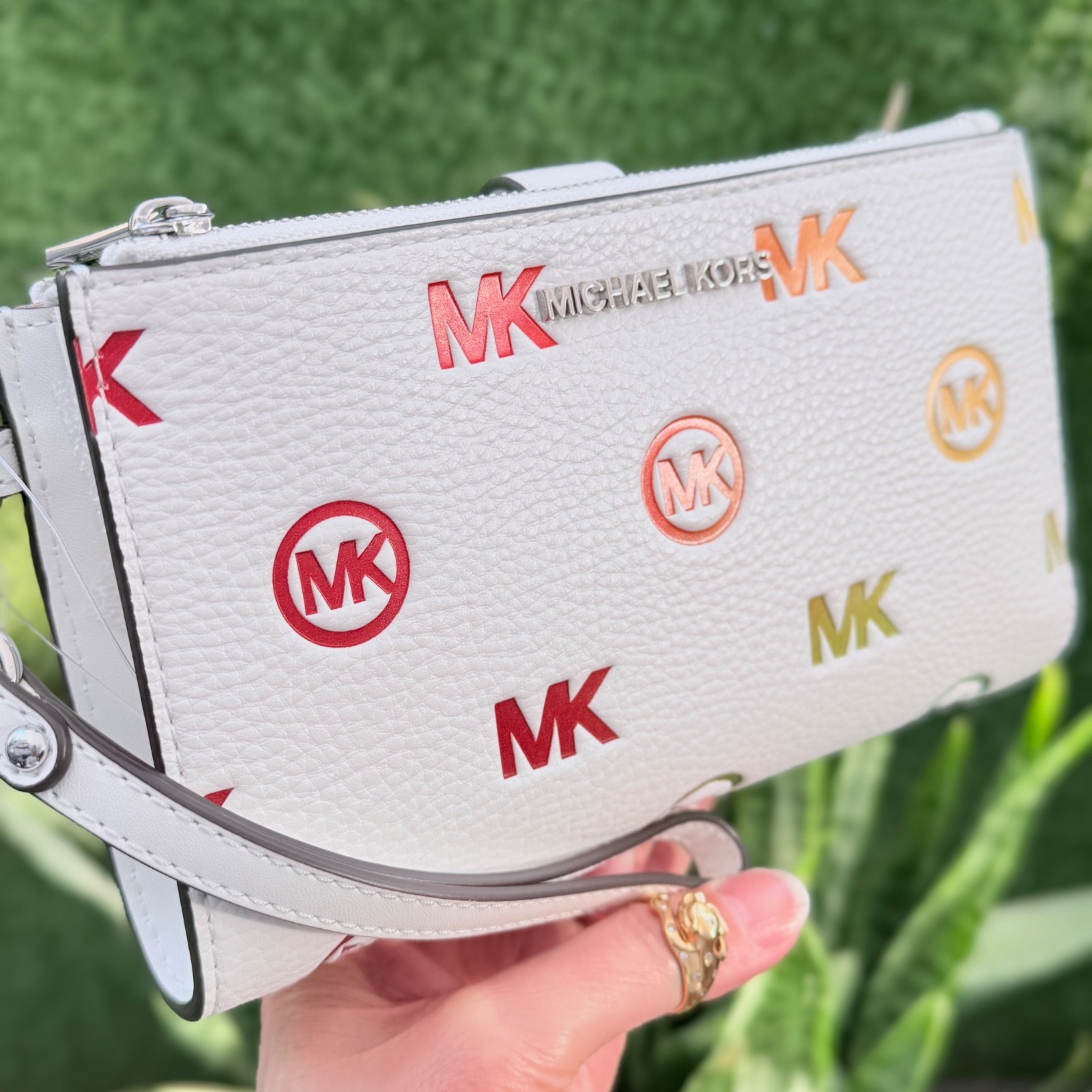 Michael Kors Jet Set Travel Double Zip Wristlet Wallet MK Rainbow Optic White