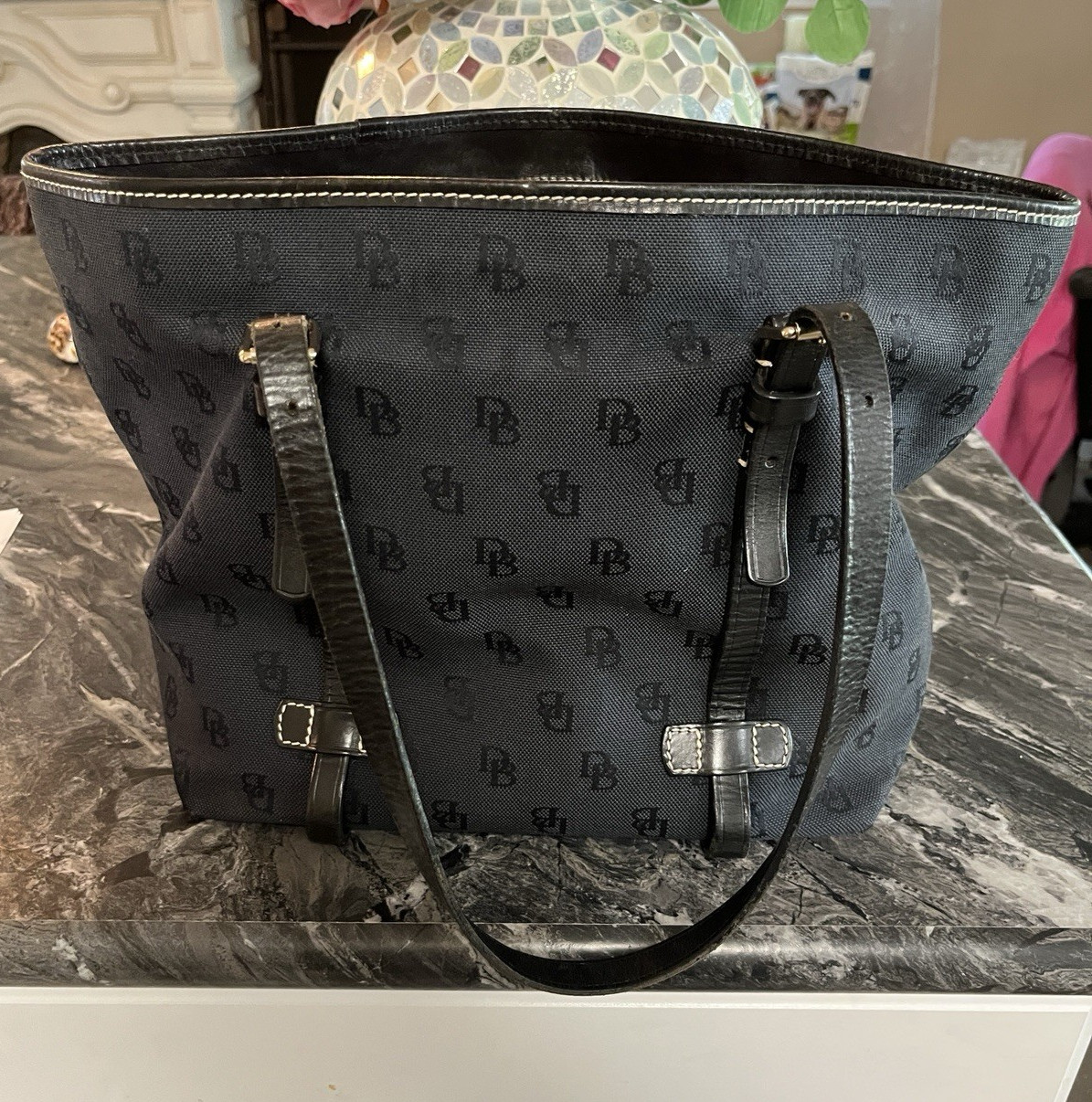 Authentic Dooney & Bourke Black Signature DB Canvas Leather Tote Shoulder Bag