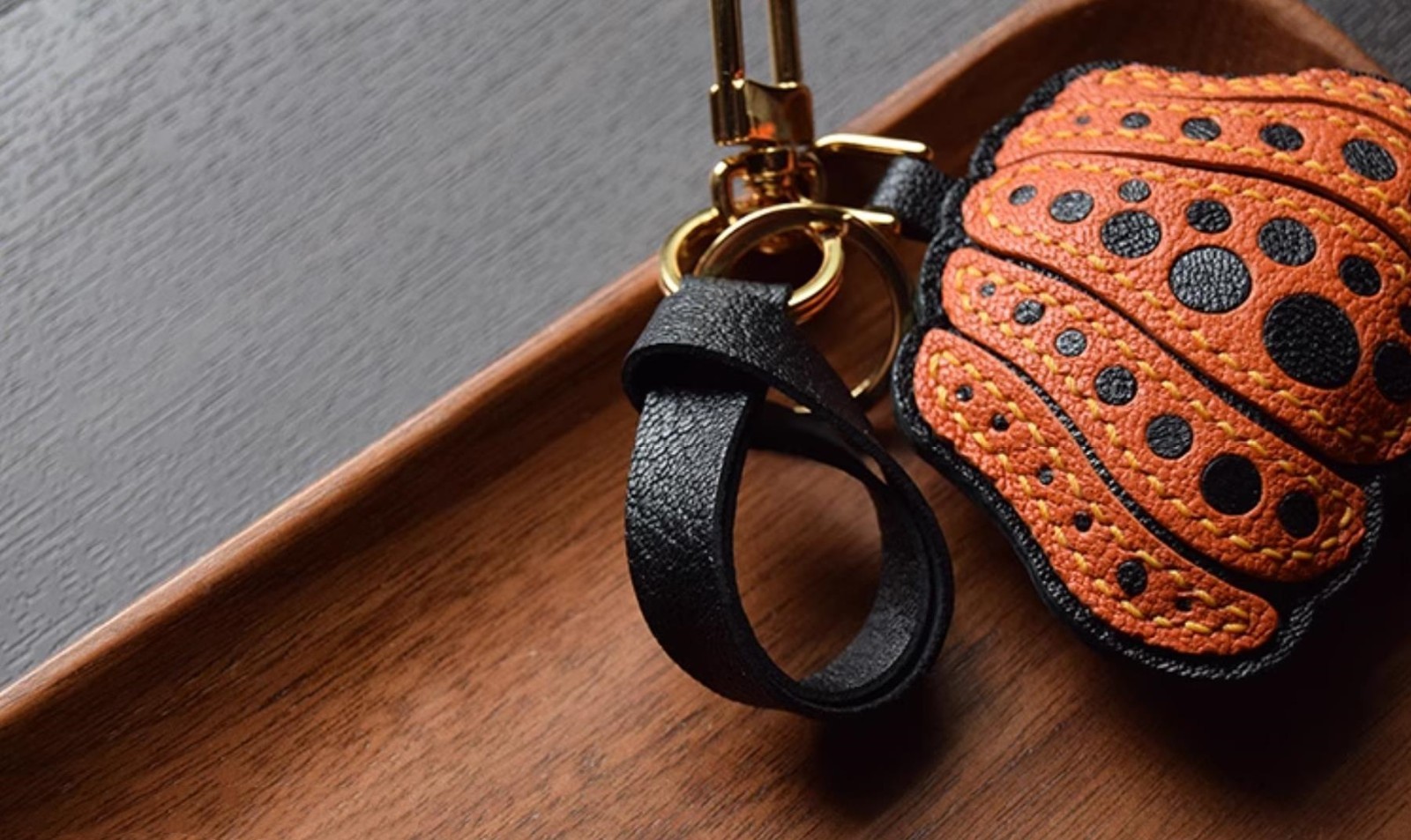 Halloween Pumpkin Bag Charm Pendant Handmade Lambskin Leather Keychain Key Ring