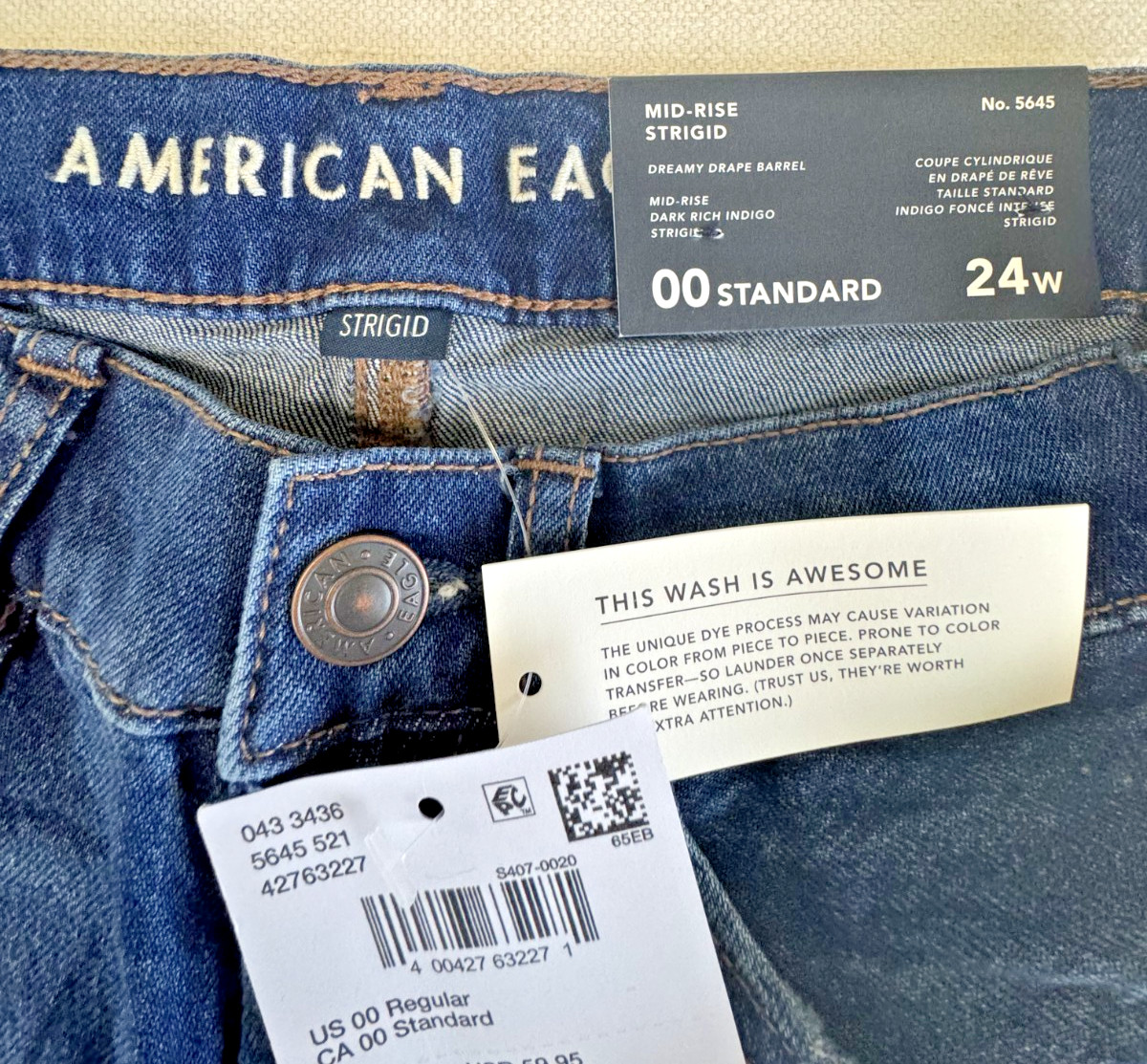 American Eagle Womens Dreamy Drape Barrel Mid Rise Blue Strigid Jeans NWT