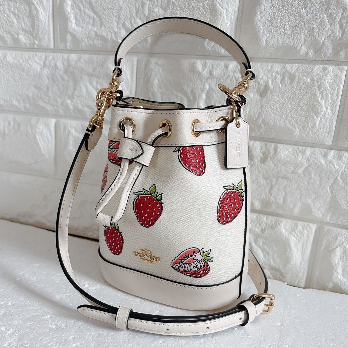 COACH CAL11 Mini Bucket Bag Strawberry Print Canvas Leather White/Red 14×16.5×9