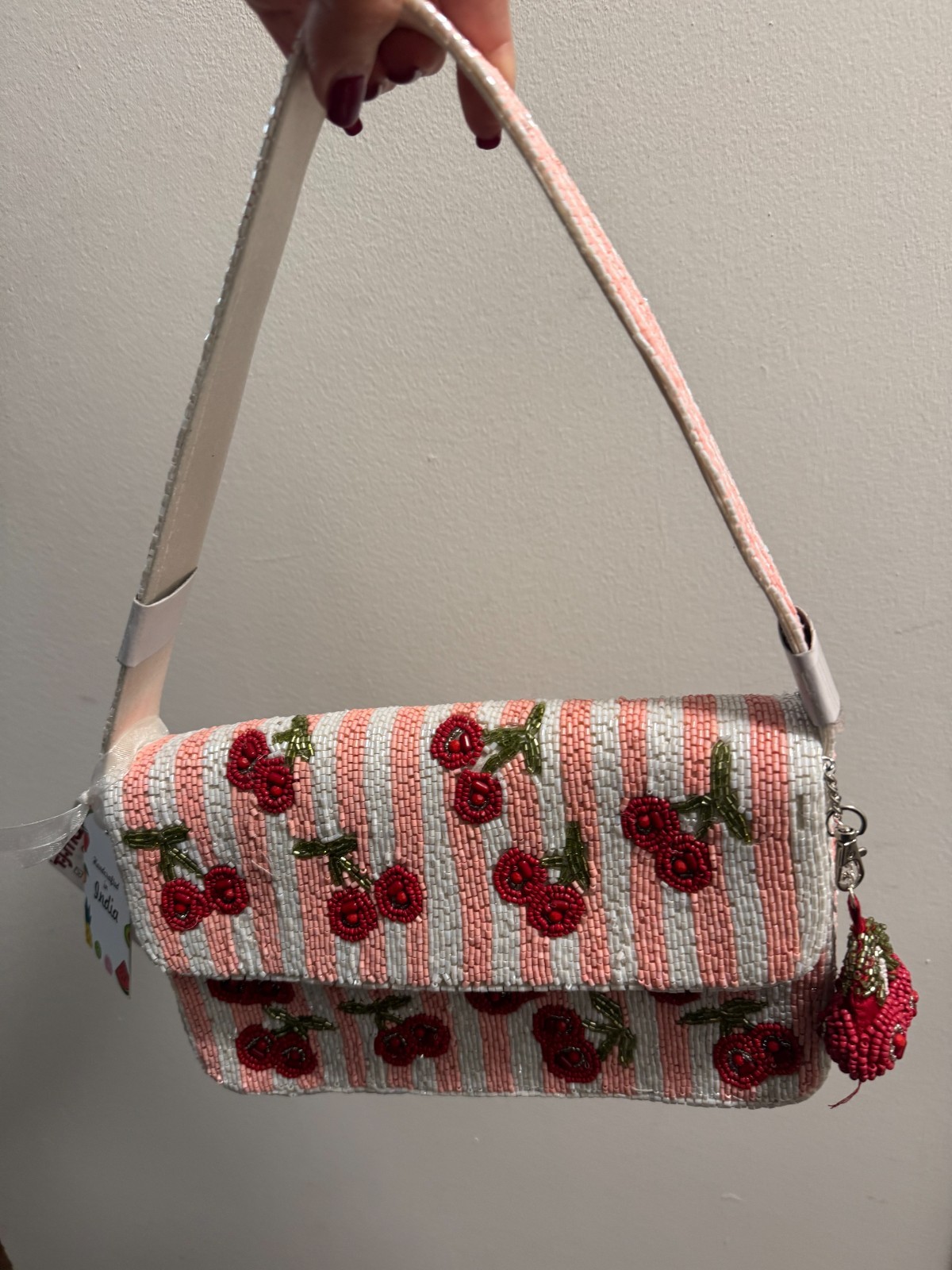 Pink Striped Beaded with Cherry Motif bag made in india