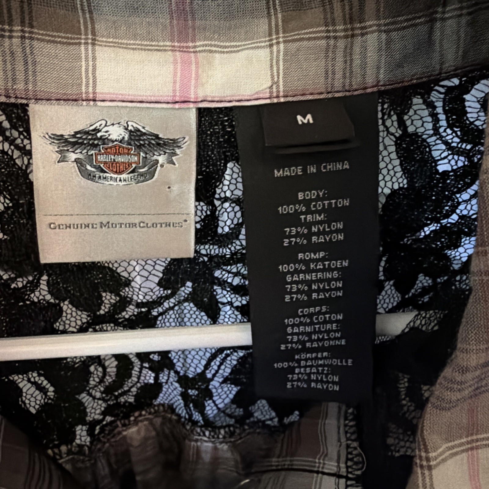Harley Davidson Ladies pink & Black Plaid w/black lace Long Sleeved Shirt MED