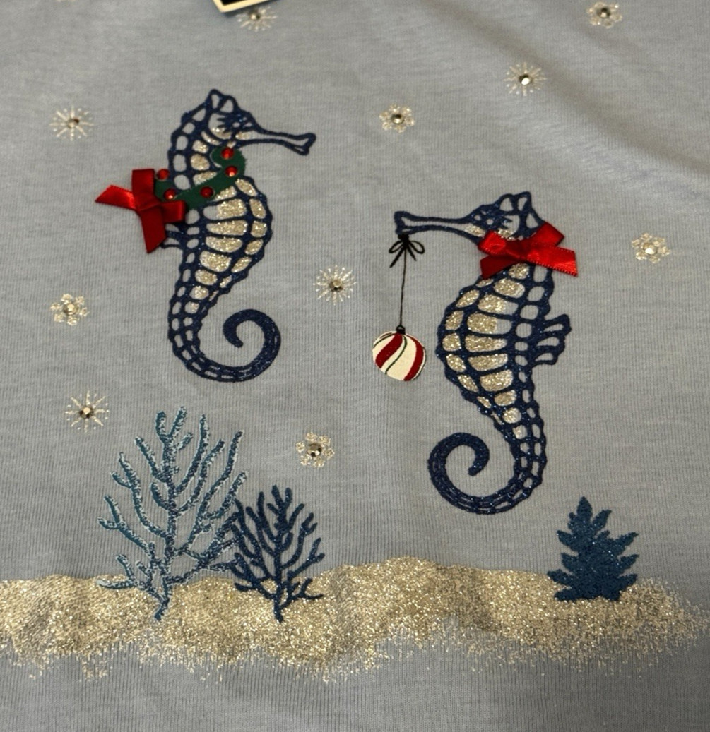 NWT Christmas Whimsy Tee Top Shirt Seahorse PXL Embellished Ocean Coastal Blouse