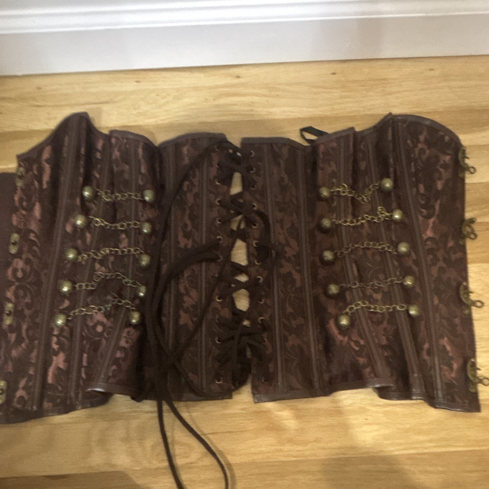 Women’s Brown Damask Overbust Lace-Up Boned Strapless Corset Top XS