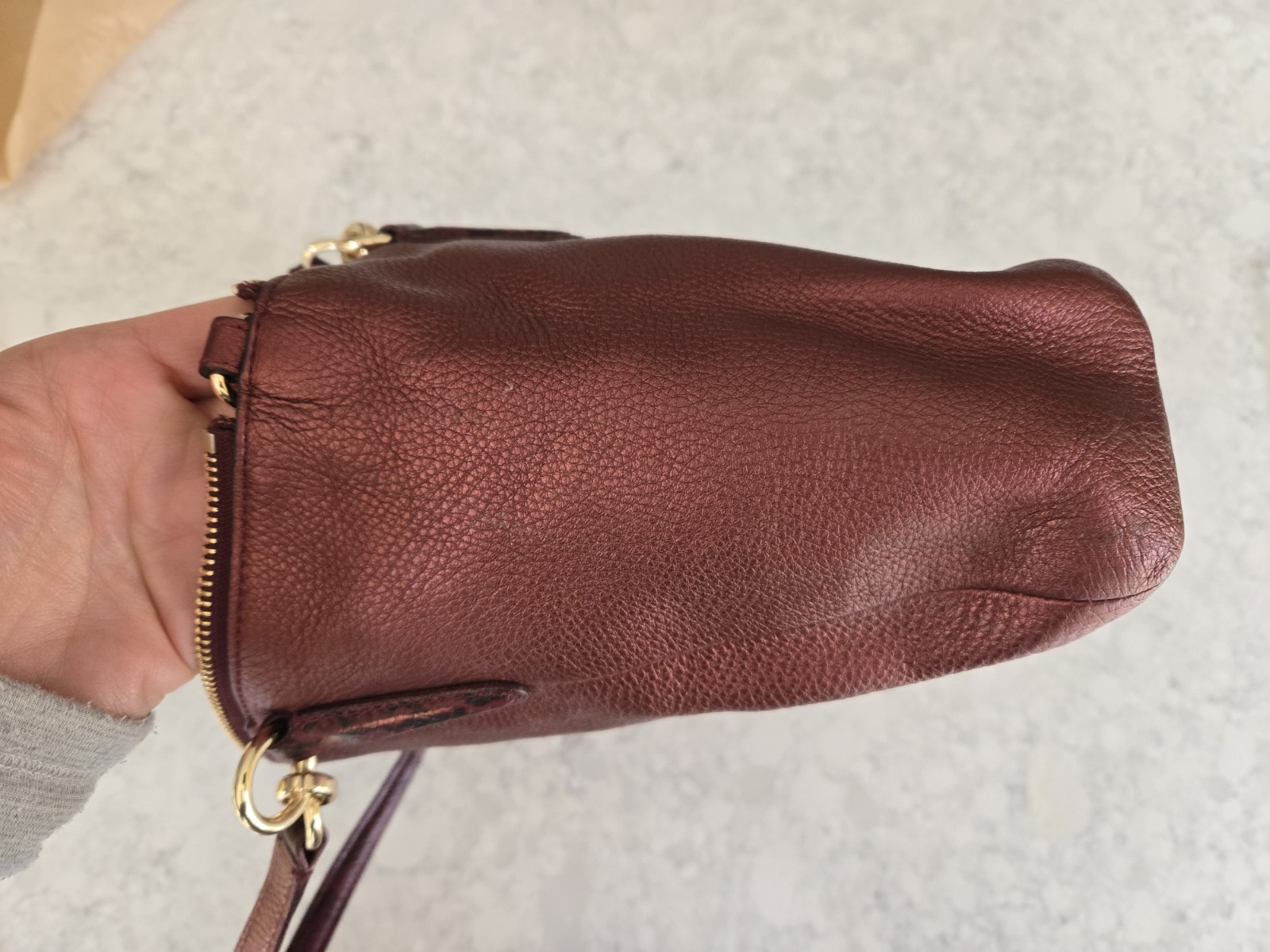 Coach Leah Metallic Wine Purse Handbag Genuine Leather Tote Drop Handles