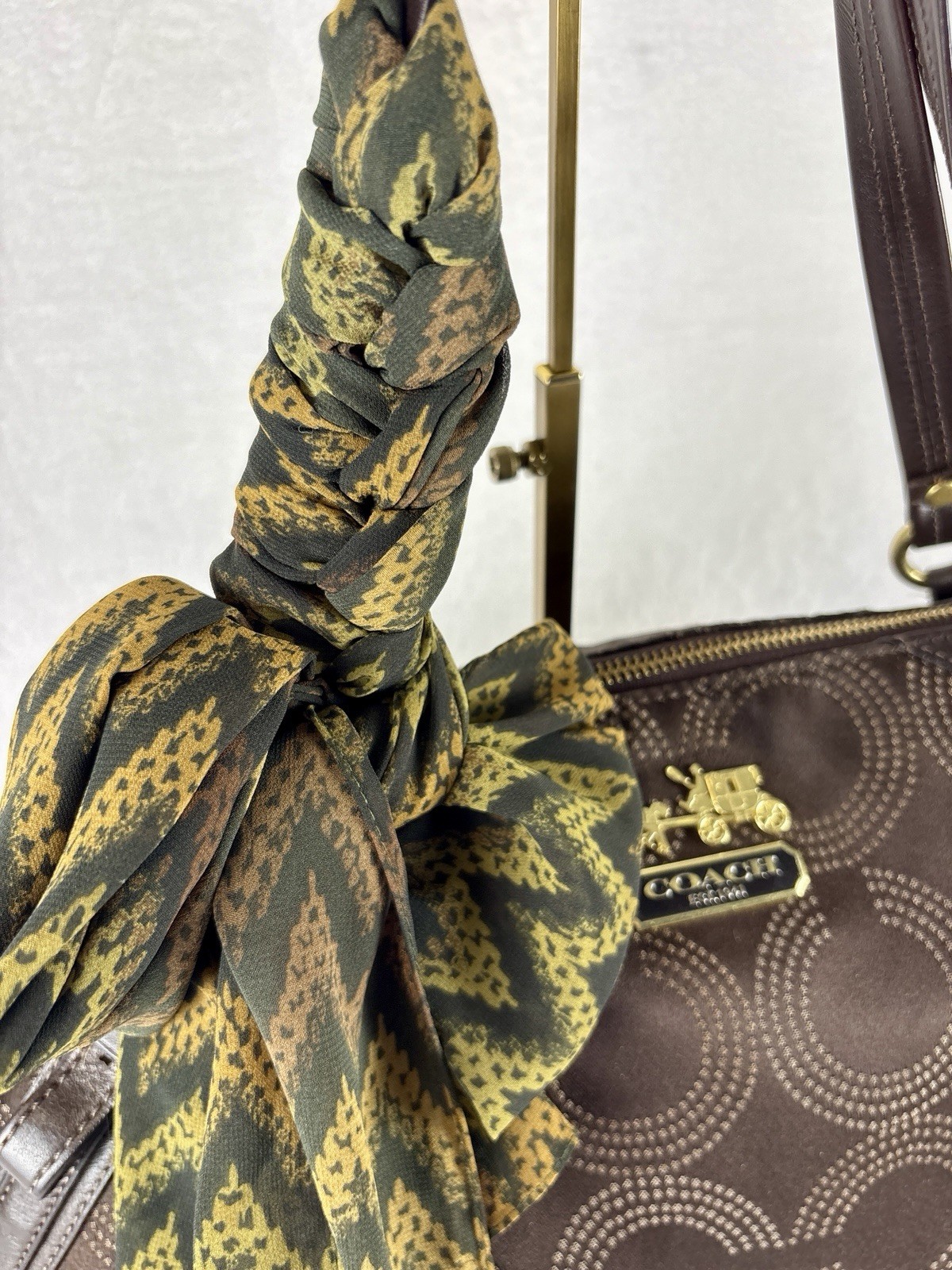 Coach Madison Dotted Op Art Sophia Satchel In Brown Sateen With Scarf