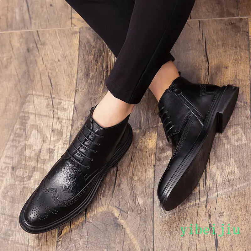 Mens Carved Brogue Shoes Business Alligator Pattern Ankle Boots Dress Lace Up
