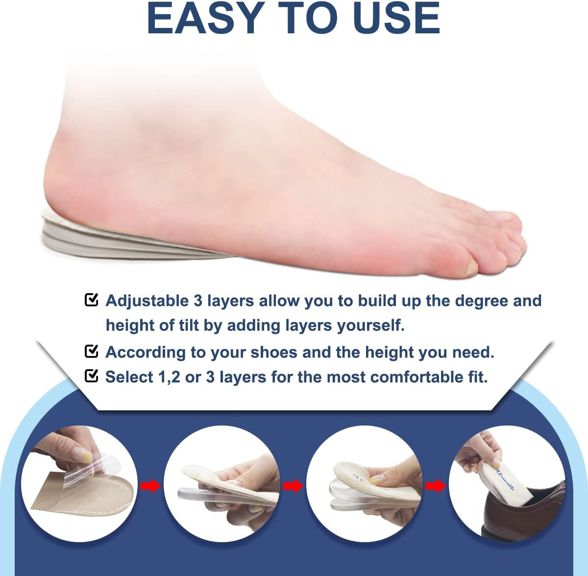 3 Layers Adjustable Supination & Over-Pronation Corrective Shoe Inserts, Medial
