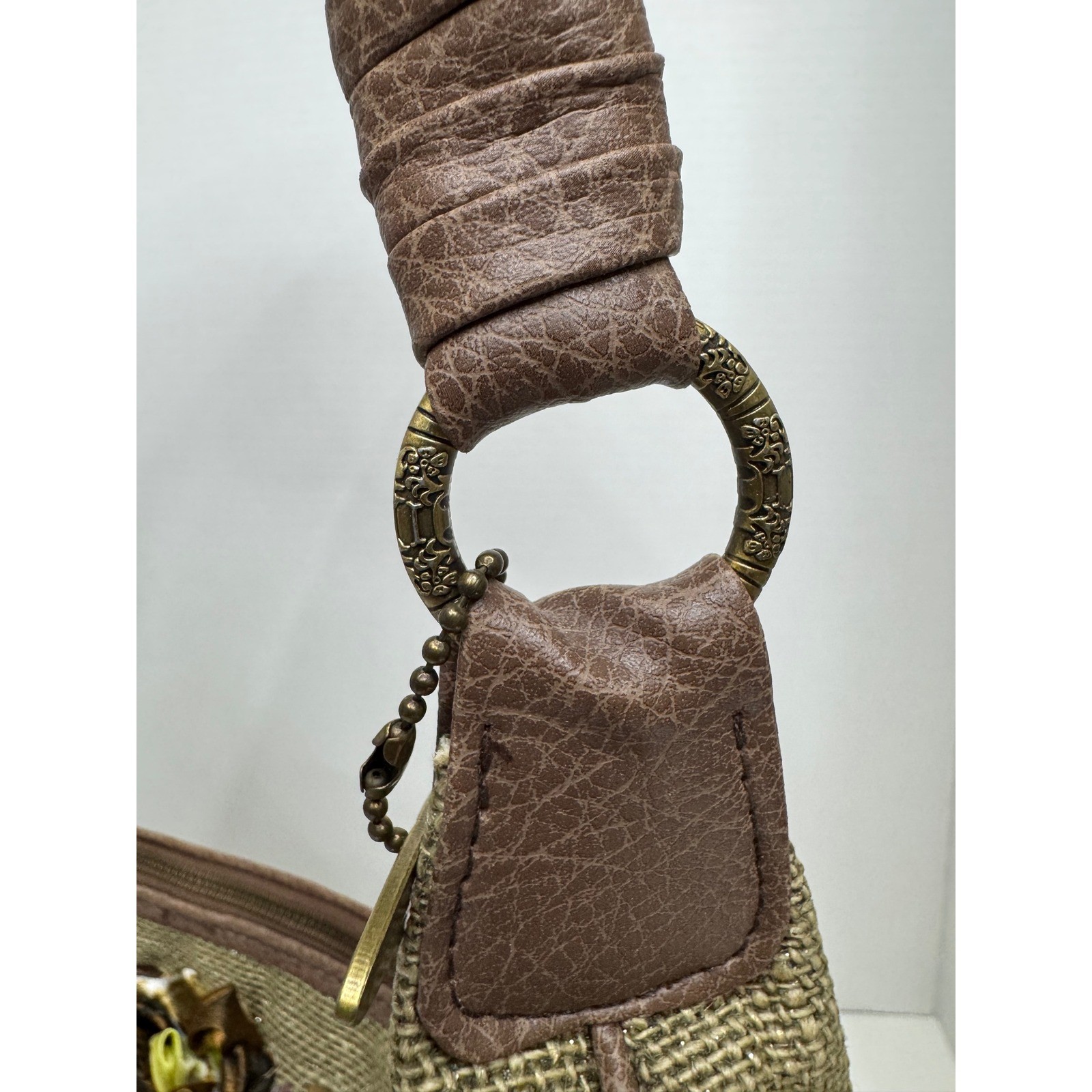 Mary Frances Olive Green Burlap Floral Embellished Beaded Hobo Bag Brown Braided