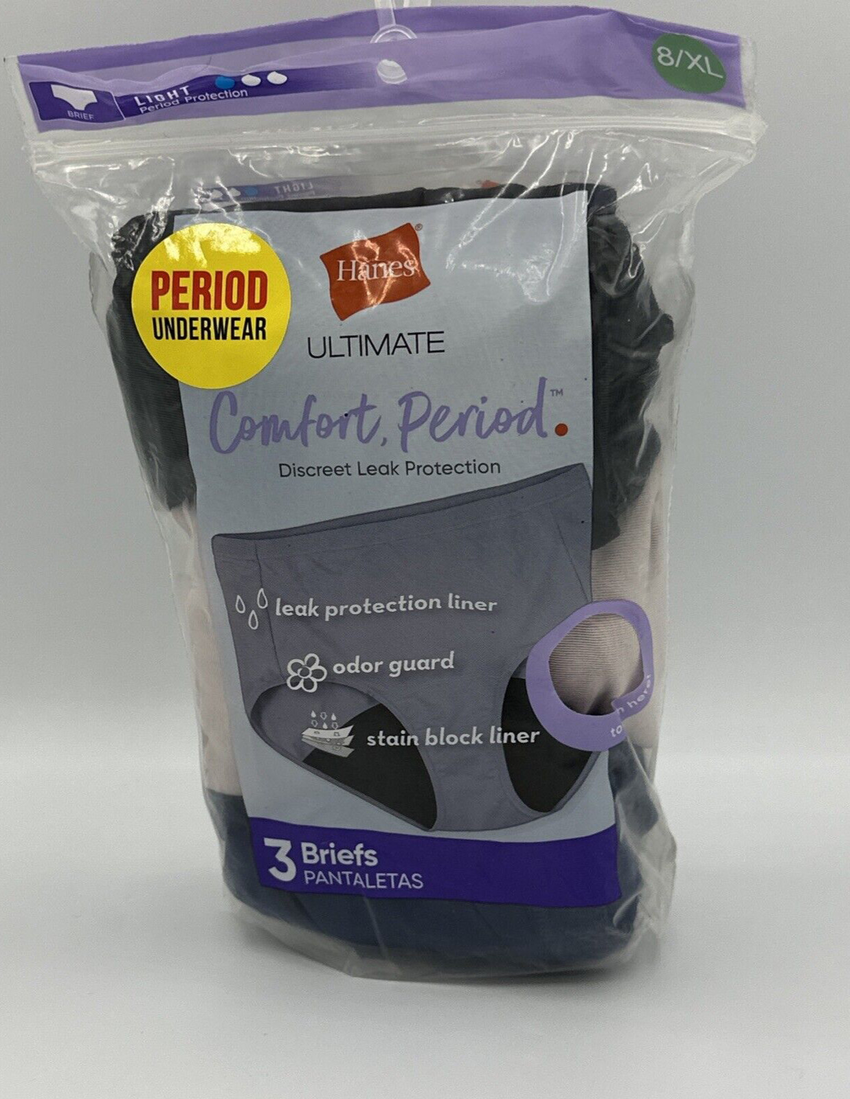 Hanes Comfort Period Light Brief Panty 3pk 8/XL NEW Black Blue Beige 40FDL3