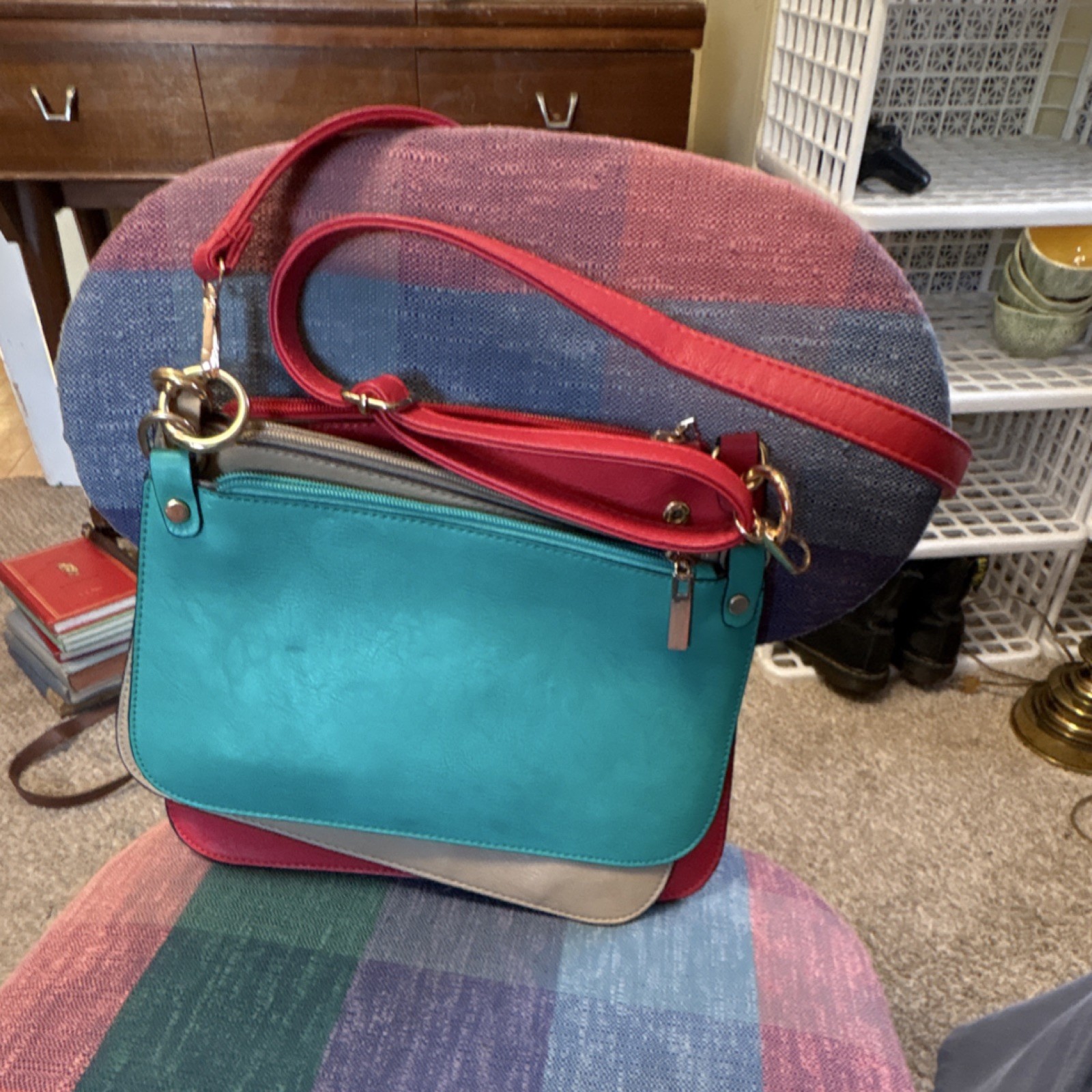 Colorblock Shoulder Bag Red Strap Zip Magnetic Closure Gold Hardware