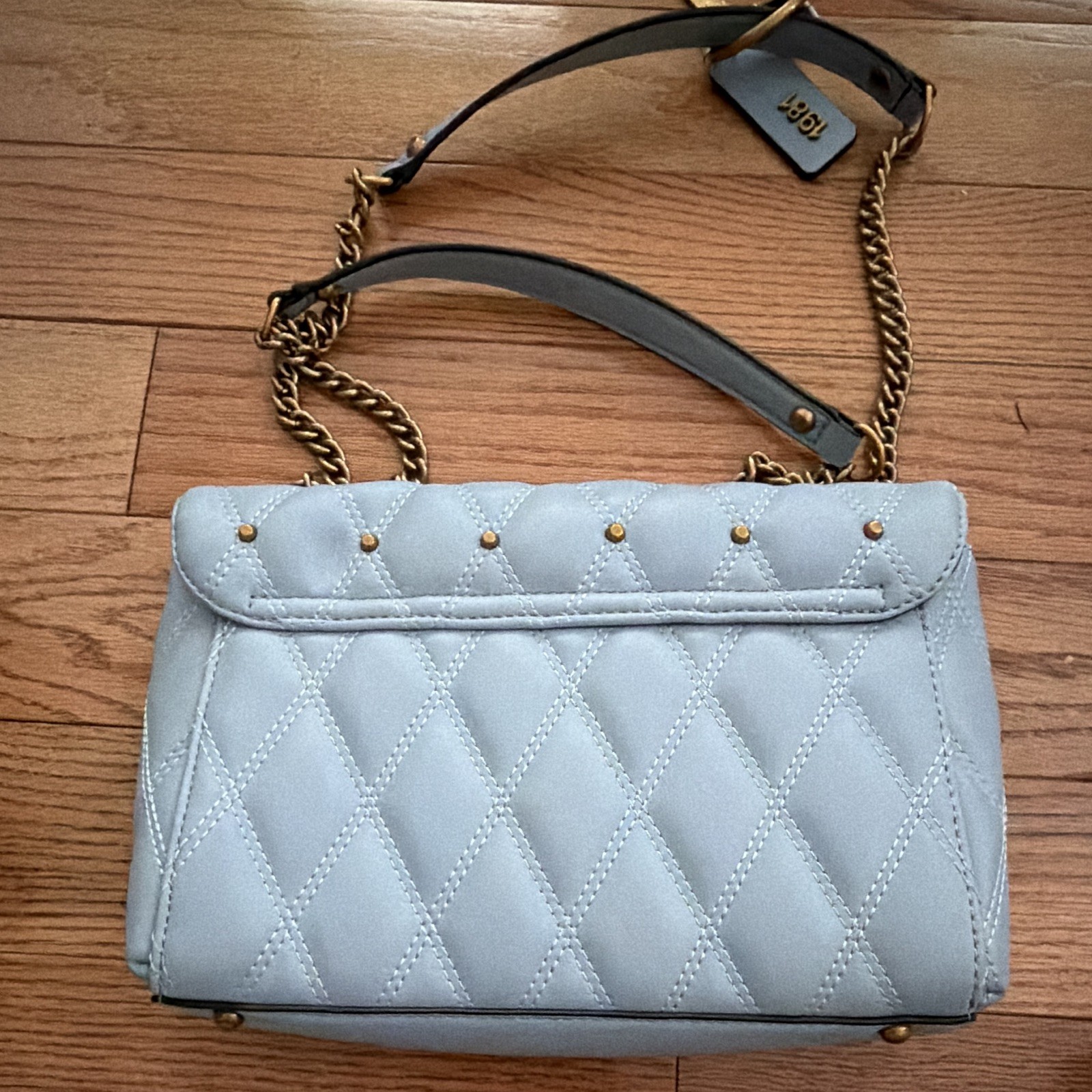 GUESS Blue Quilted Studded Small Shoulder Bag Chain Strap Magnetic Lined Pockets