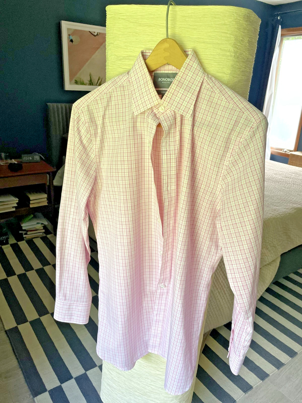 Bonobos Wrinkle Free Dress Shirt 15 33 Standard Fit White Pink Check EUC