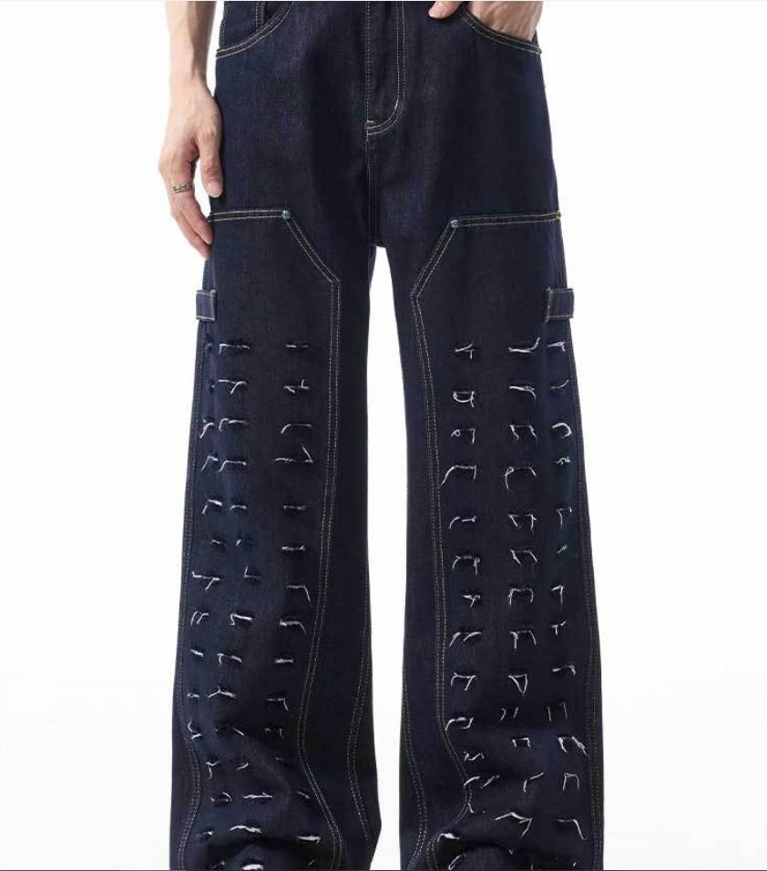 Men’s Dark Blue Denim Jeans Straight Leg Ripped Casual Punk Hip Hop Trousers New