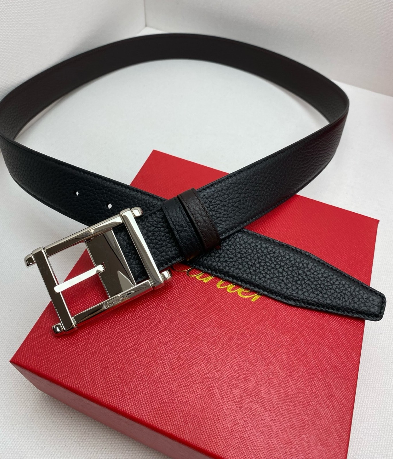 Cartier Black and brown double-sided cowhide men’s Silver buckle belt