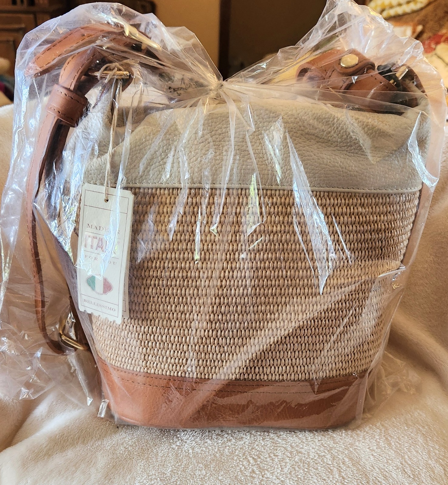 Valentina Italian Raffia & Leather Bucket Bag Latte & Cognac Trim NWT