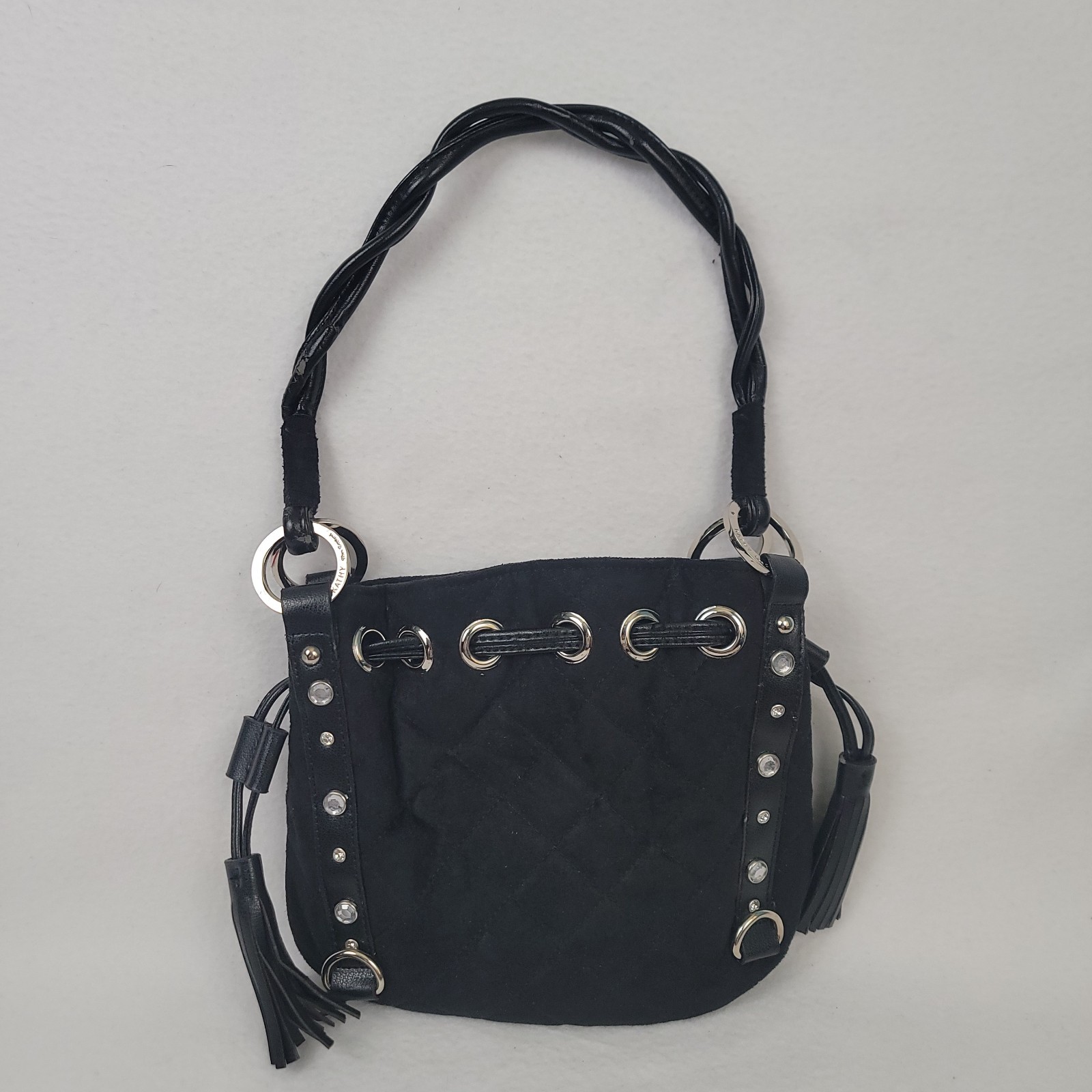 Vintage Kathy Van Zeeland Mini Shoulder Bag Black Faux Suede Drawstring