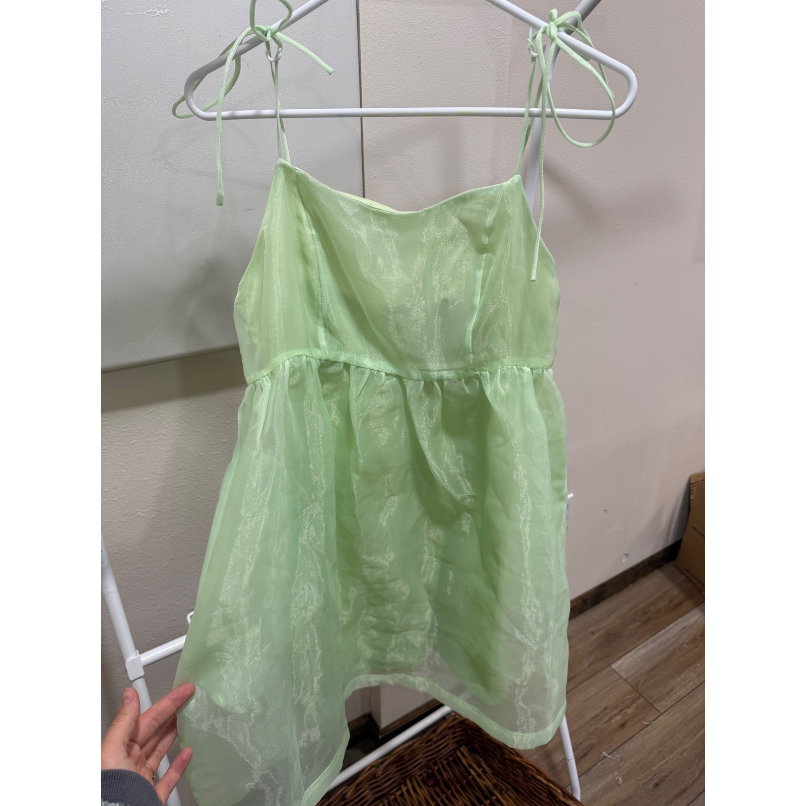 Altar’d State Mint Green Bubble Hem Babydoll Mini Dress Tie Straps Shimmer M