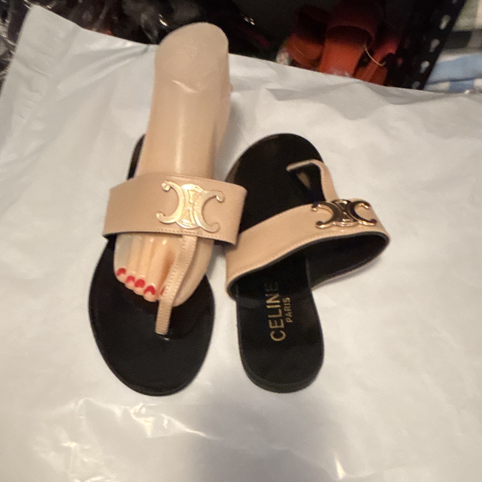 CELINE Women’s Beige/Black Logo Slide Sandals Open Toe Slip-On Leather 9