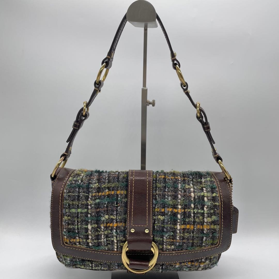 COACH 8F18 Shoulder Bag Handbag Wool Leather Suede Multicolor Brown Green Blue