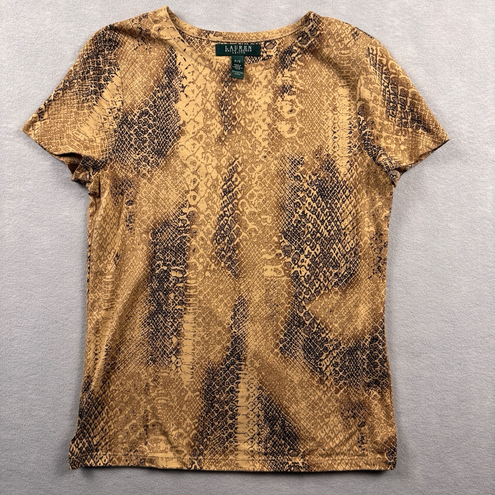 Lauren Ralph Lauren Shirt Womens PS Brown Snake Print Cotton Tee Top Casual