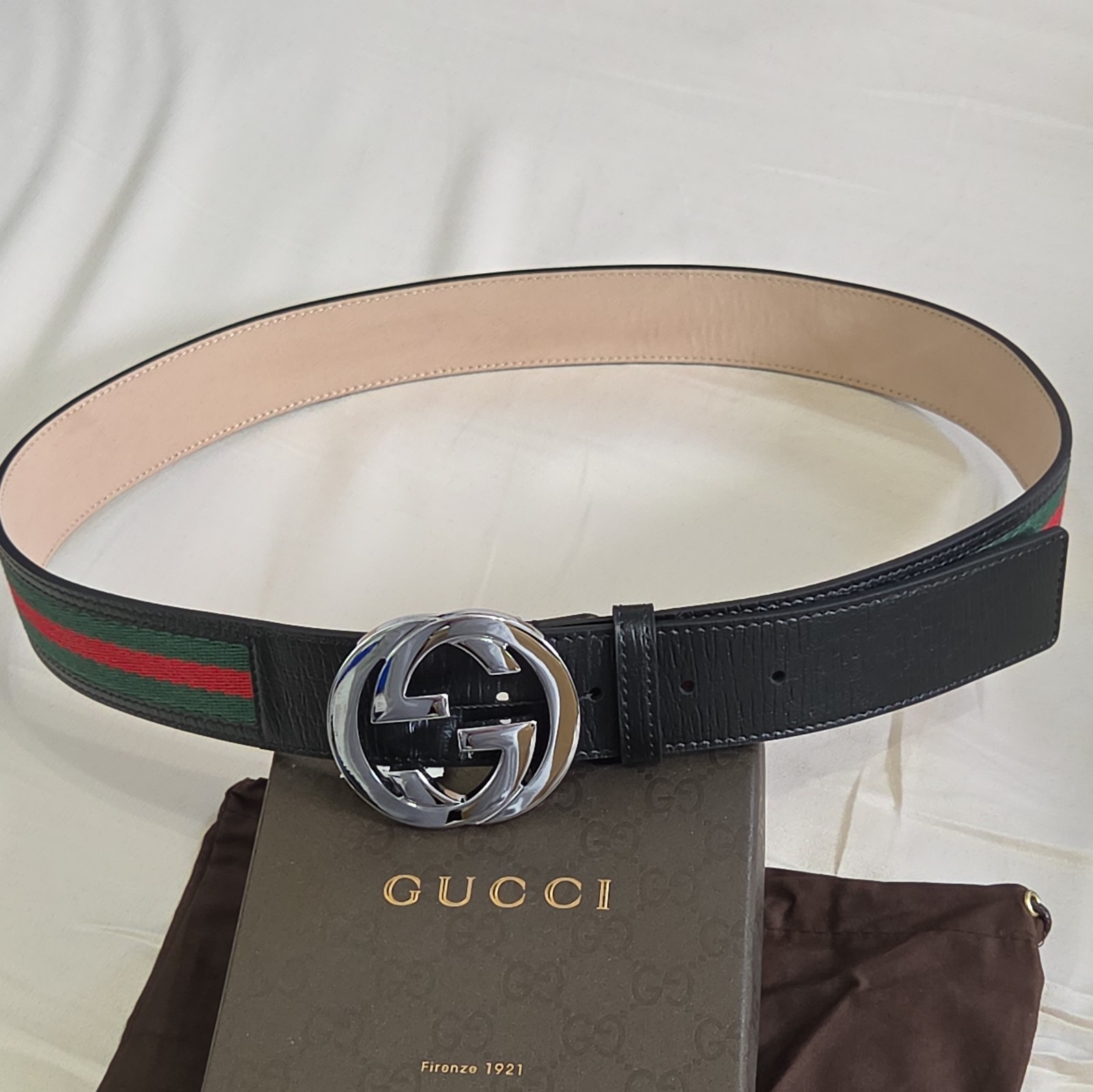 Authentic Gucci Black Green And Red Striped Belt, Men Size 34-36 IT 100CM