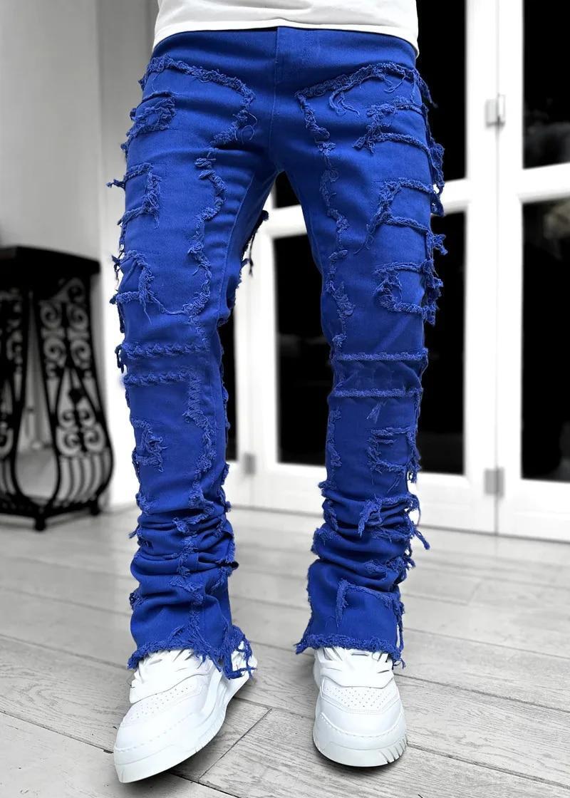 Men Fashion Jeans Street Stretch Patch Skinny Denim Straight Stacked Slim Pants