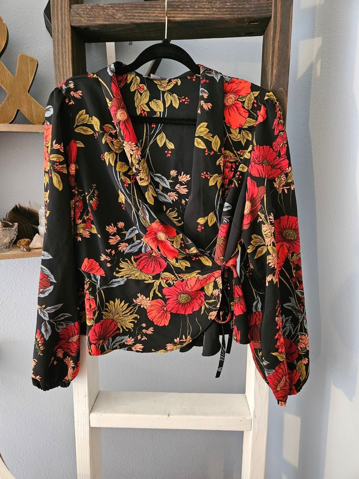 Primark Black Floral Wrap Top with Red and Yellow Blooms Size 12
