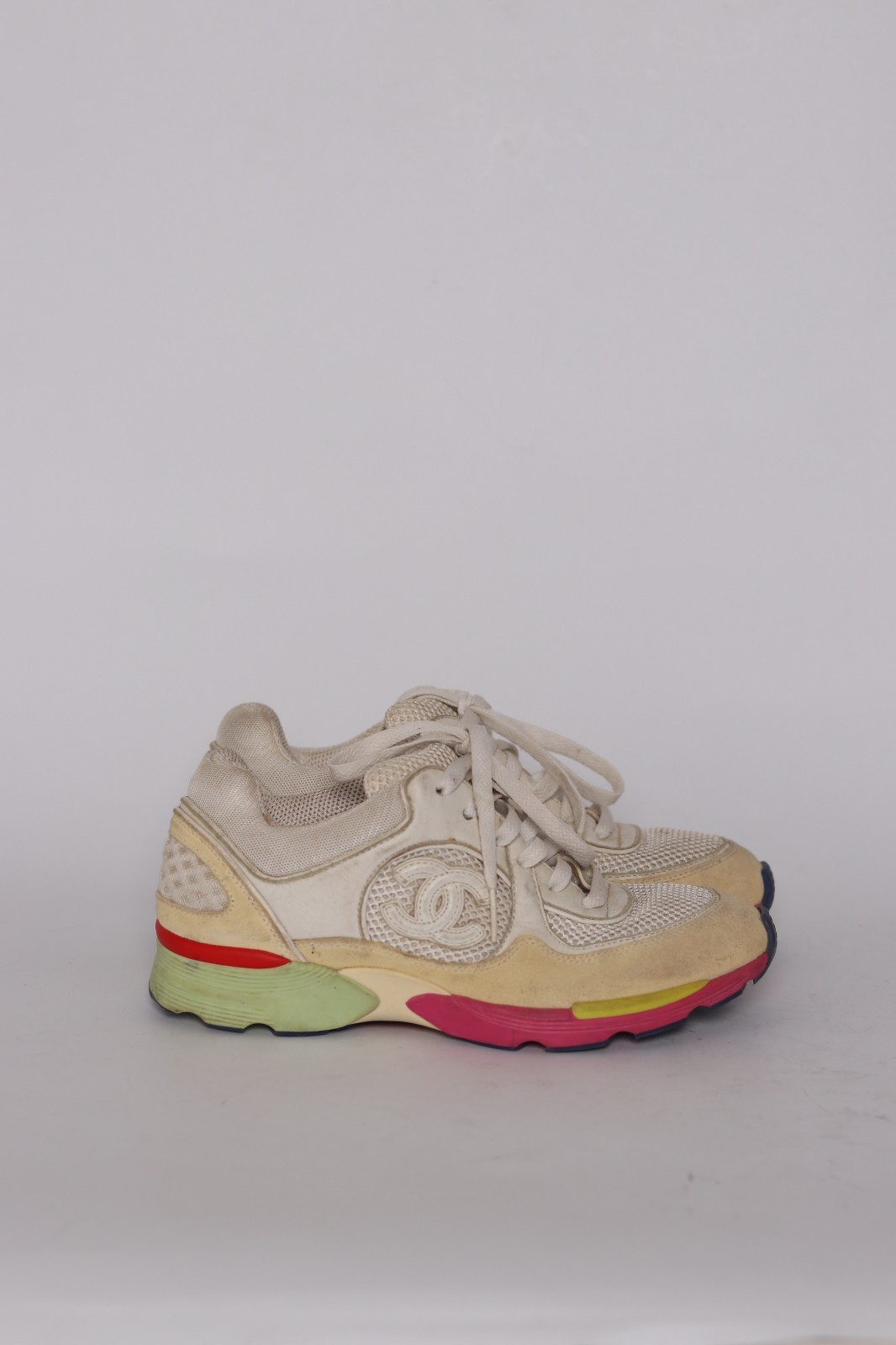 Chanel White Mesh And Leather CC Lace Up Sneakers Size 37.5