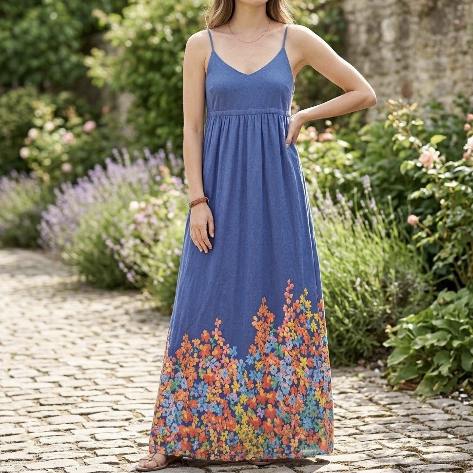 Old Navy Maxi Dress Womens M Blue Floral Border Boho Cottagecore Sundress Vibe