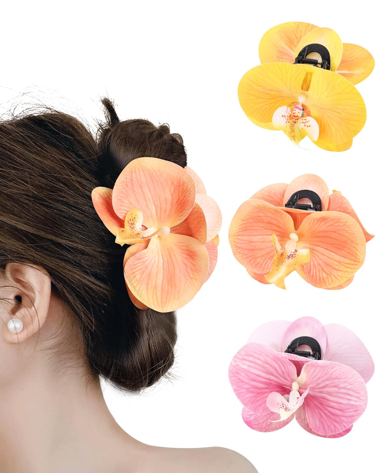 3 Pack Orchid Flower Hair Claw Clips, 4.3″ Hawaiian Hair Claws