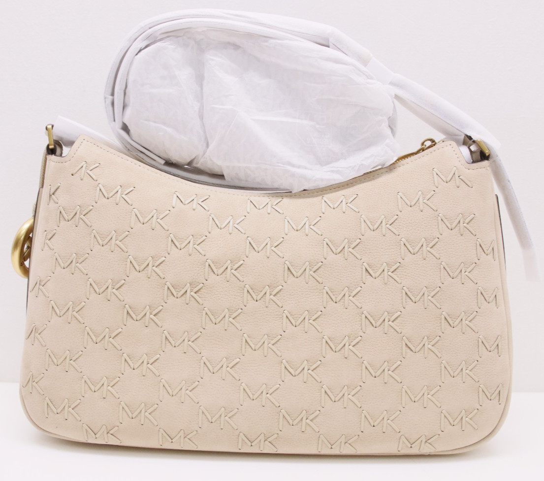 Michael Kors Nolita Medium Whipstitched Logo Leather Shoulder Bag – Khaki – New