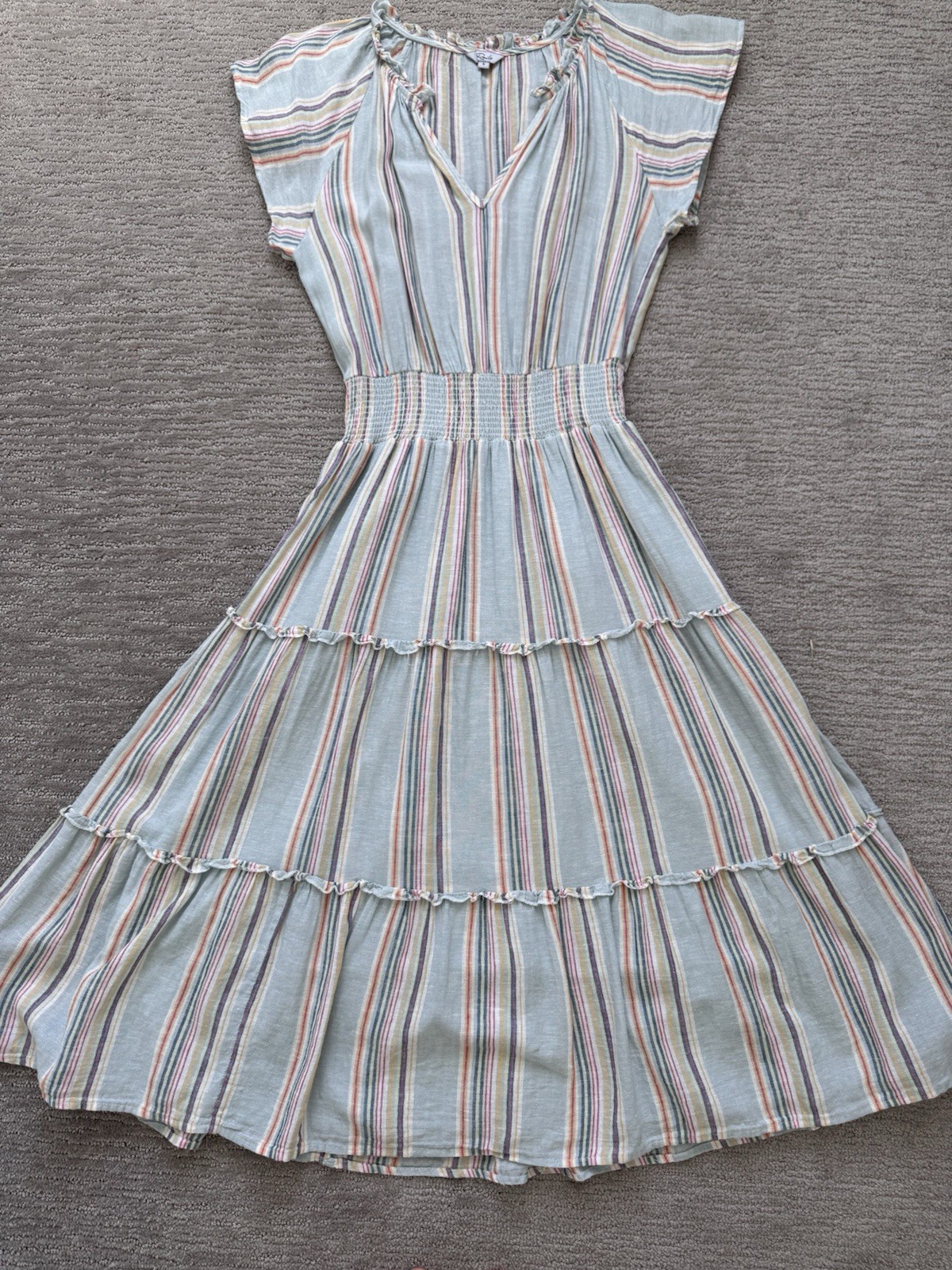 Rails Amellia Linen Blend Midi Dress Striped Smocked Tiered Size S Bohemian
