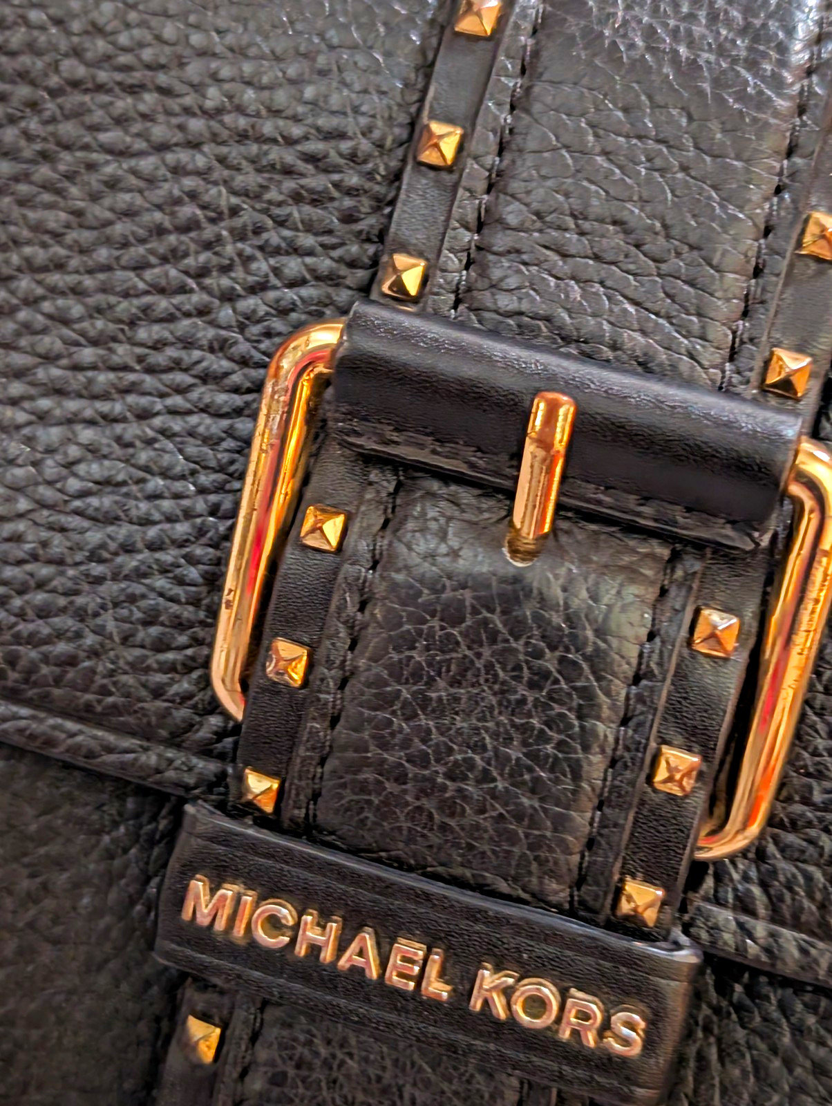 Michael Kors Black Pebbled Studded Buckle Magnetic Flap Crossbody Gold HW