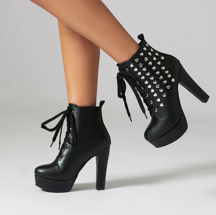 Rivets Women’s Faux Leather Ankle Boot Studded Lace Up Round Toe Chunky Heels