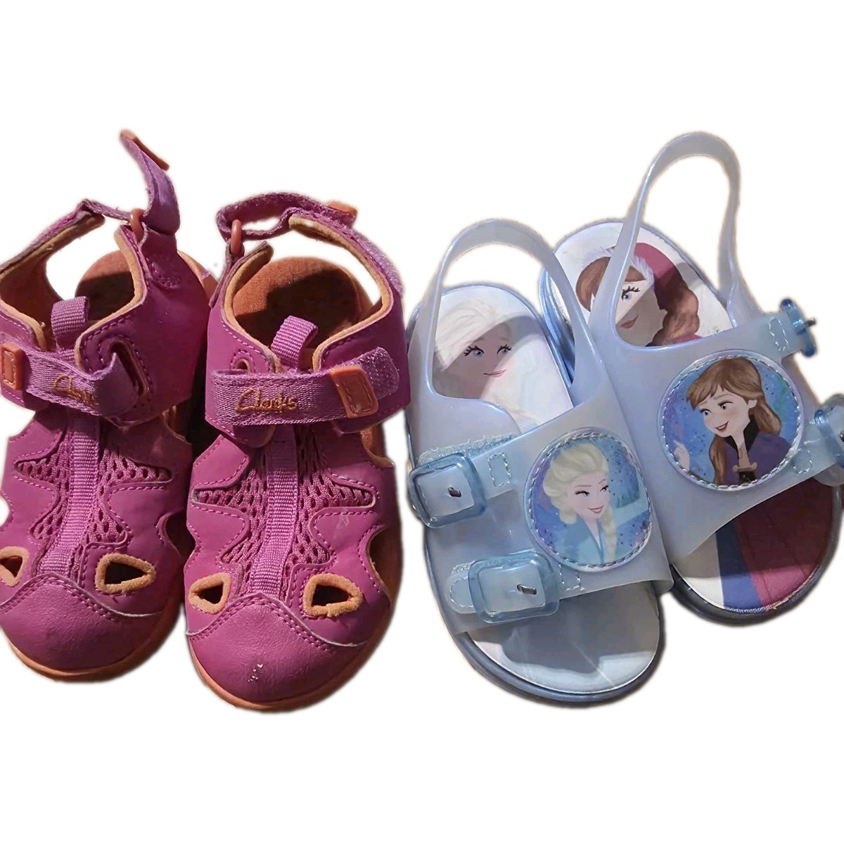 CLARKS Girls Pink Sandals & FROZEN Elsa Anna Blue White Opened Toe Summer Beach