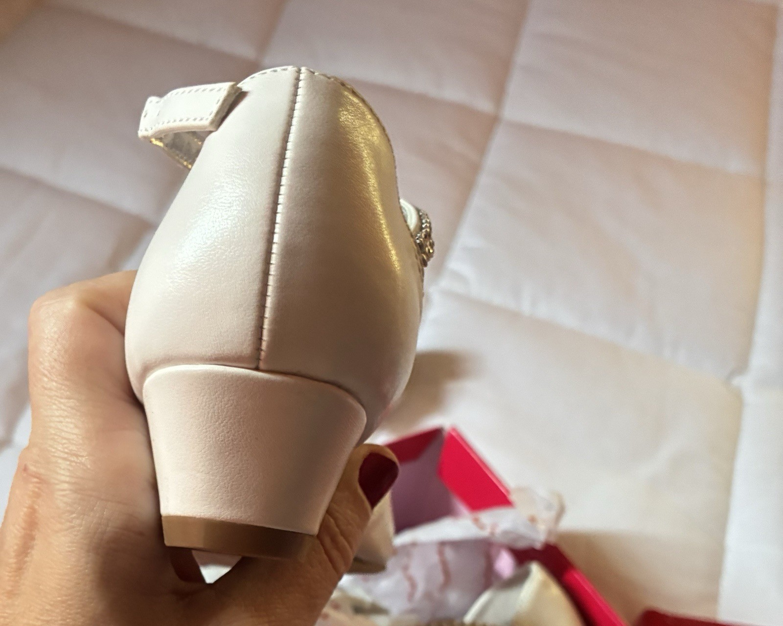 Nina White Leather Little Big Girl Shoes Rhinestone Mary Jane Heel Non Marking 1