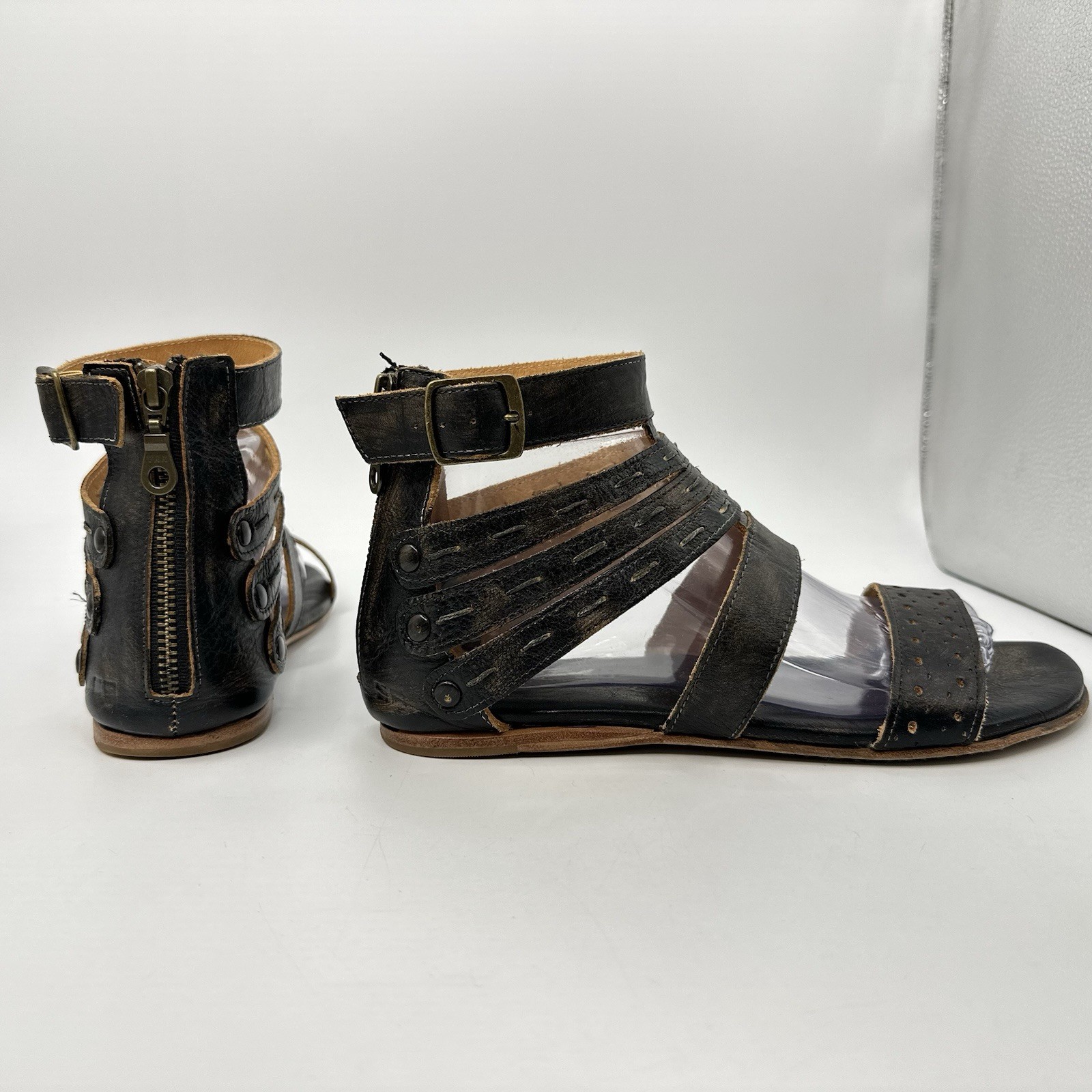 BED STU-Artemis Gladiator Sandals Black Hand Wash Leather Zip Women Size 9.5