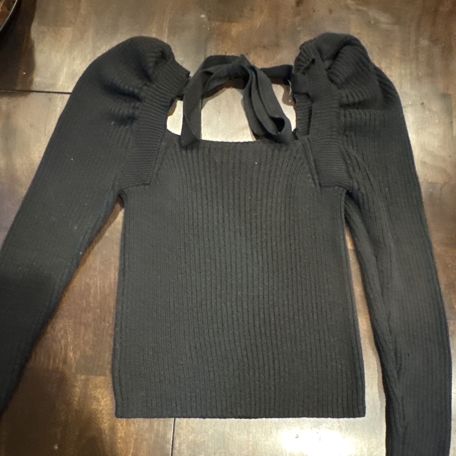 CBRAND Women’s Black Solid Knit Square Neck Puff Sleeve Tie Back Crop Top S