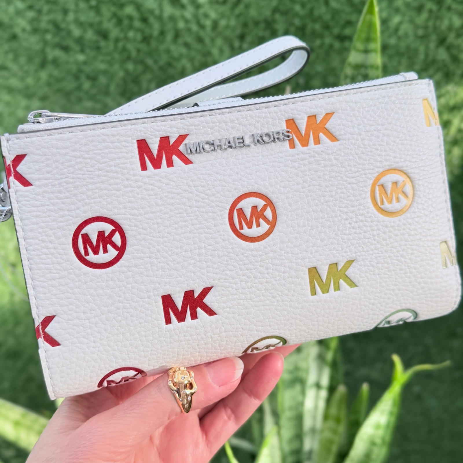 Michael Kors Jet Set Travel Double Zip Wristlet Wallet MK Rainbow Optic White