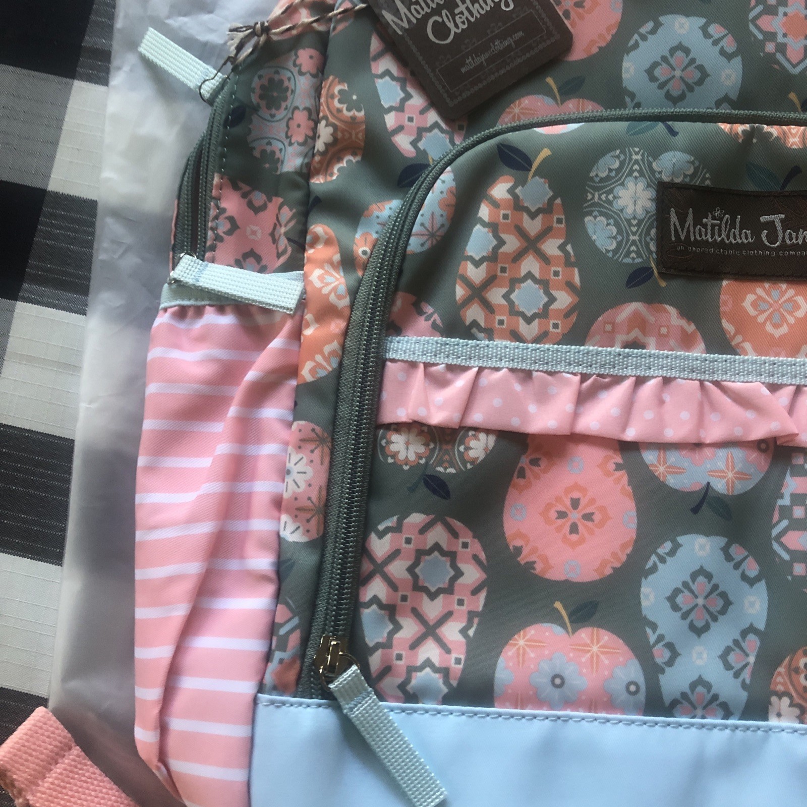 NEW girls MATILDA JANE CeCe Apple Print Backpack green peach ruffles