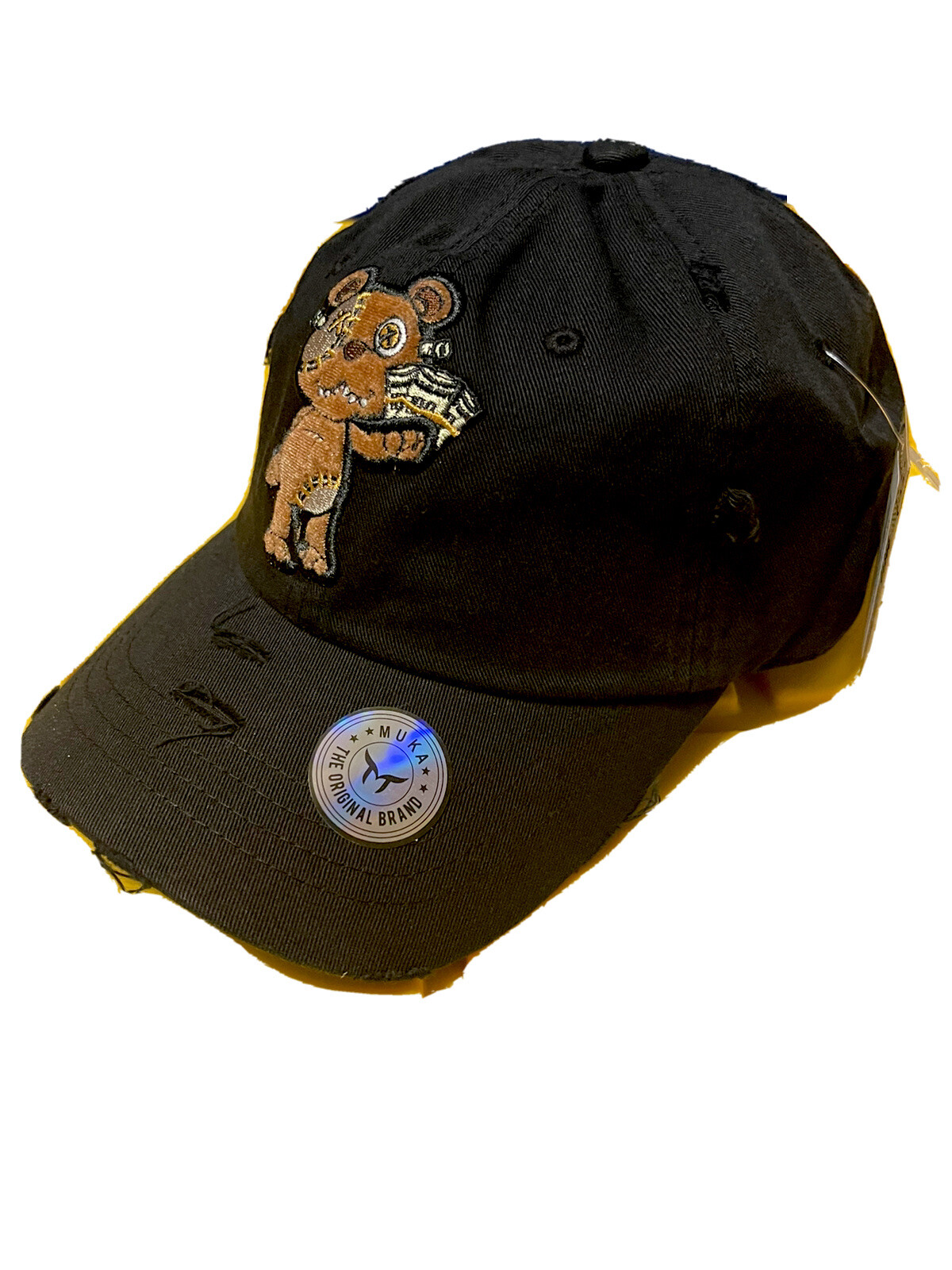 Muka Black Bipolar Bear Adjustable Distressed Hat Cap New
