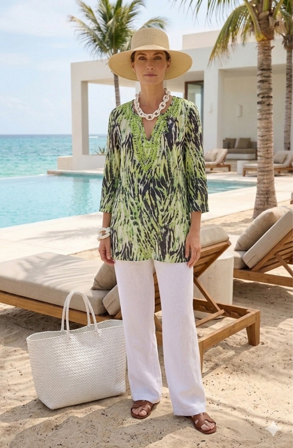 Jasmine Cotton Tunics Blouse M Green Animal Print Beaded Neckline Bell Sleeve