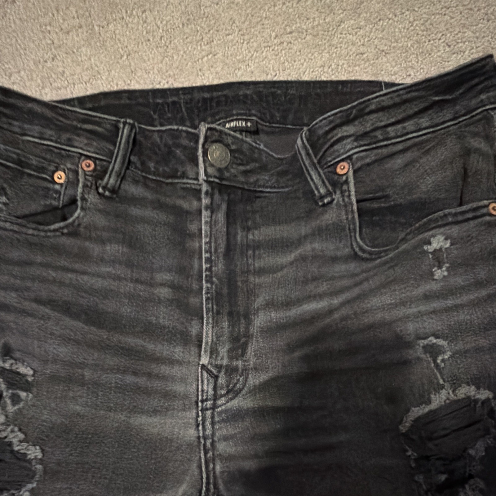 Mens American Eagle AirFlex+ Black Distressed Ripped Skinny Slim Jeans 31