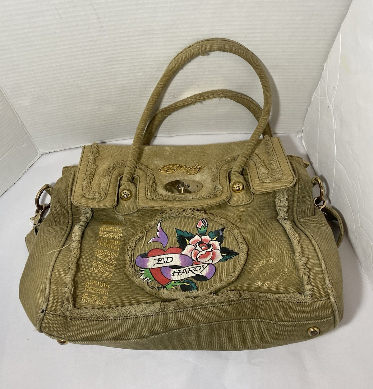 Ed Hardy Beige Large Satchel Top Handle Zip Turn Lock Heart Logo