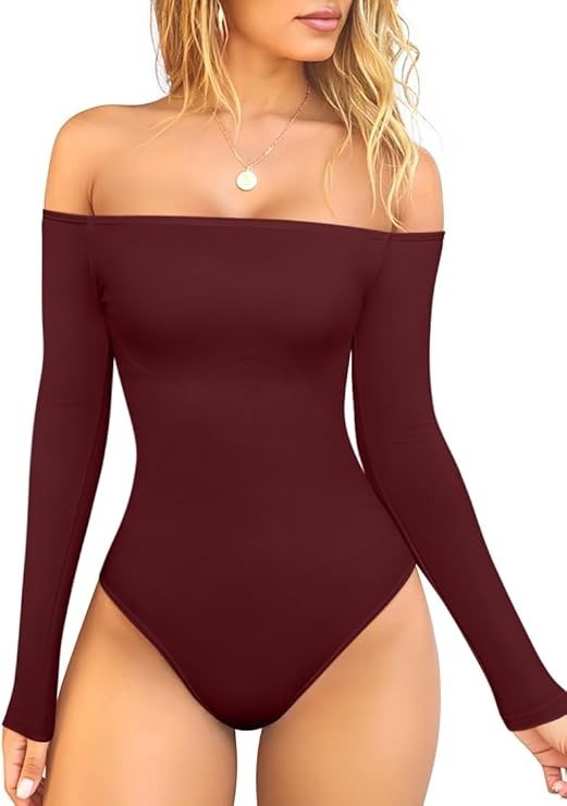 OQQ Bodysuit Womens Off-Shoulder Long Sleeve Seamless Shapewear Top Red M