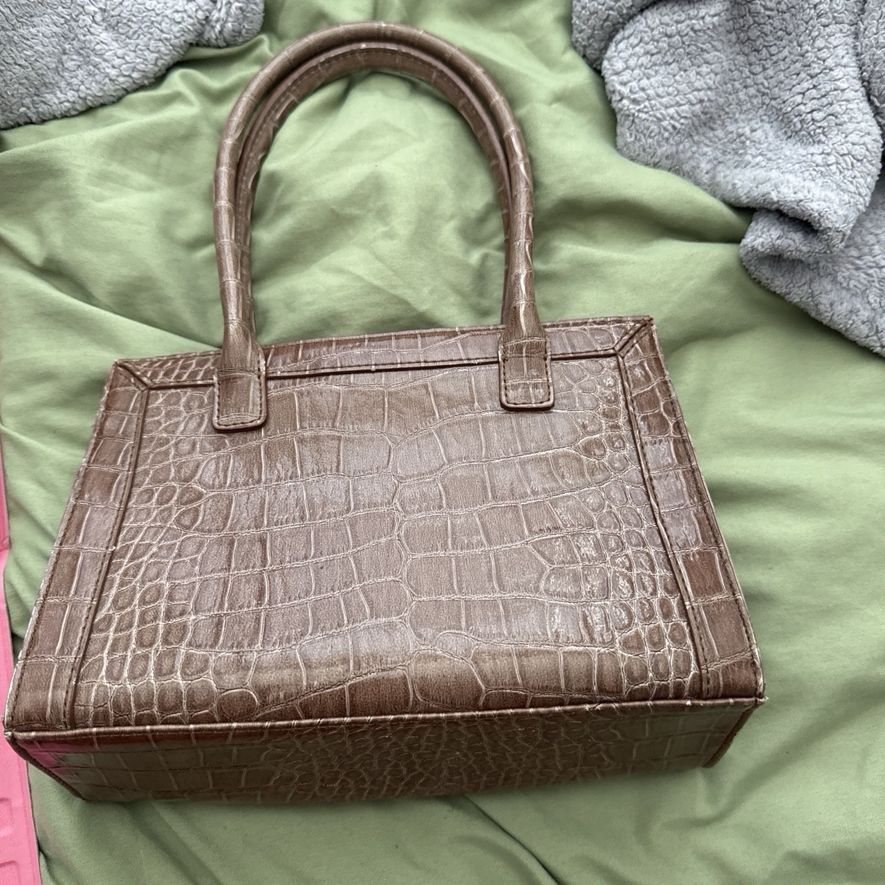 Brown Croc Embossed Satchel Top Handle Bag, Double Handles, Tassel, Medium